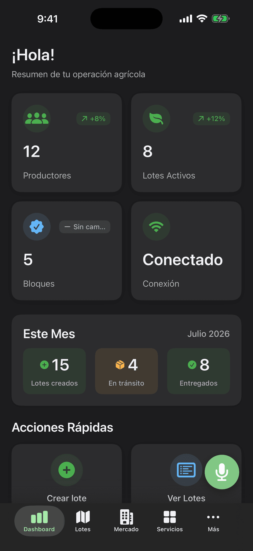 Pantalla de la app AgroBridge: tablero principal en modo oscuro