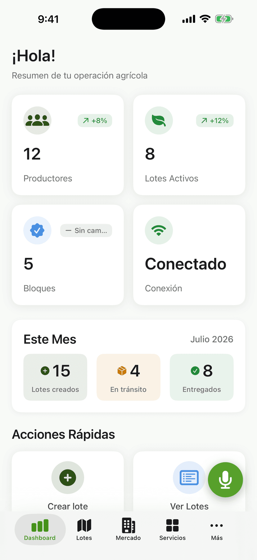 Pantalla de la app AgroBridge: tablero con los lotes registrados y su bitácora