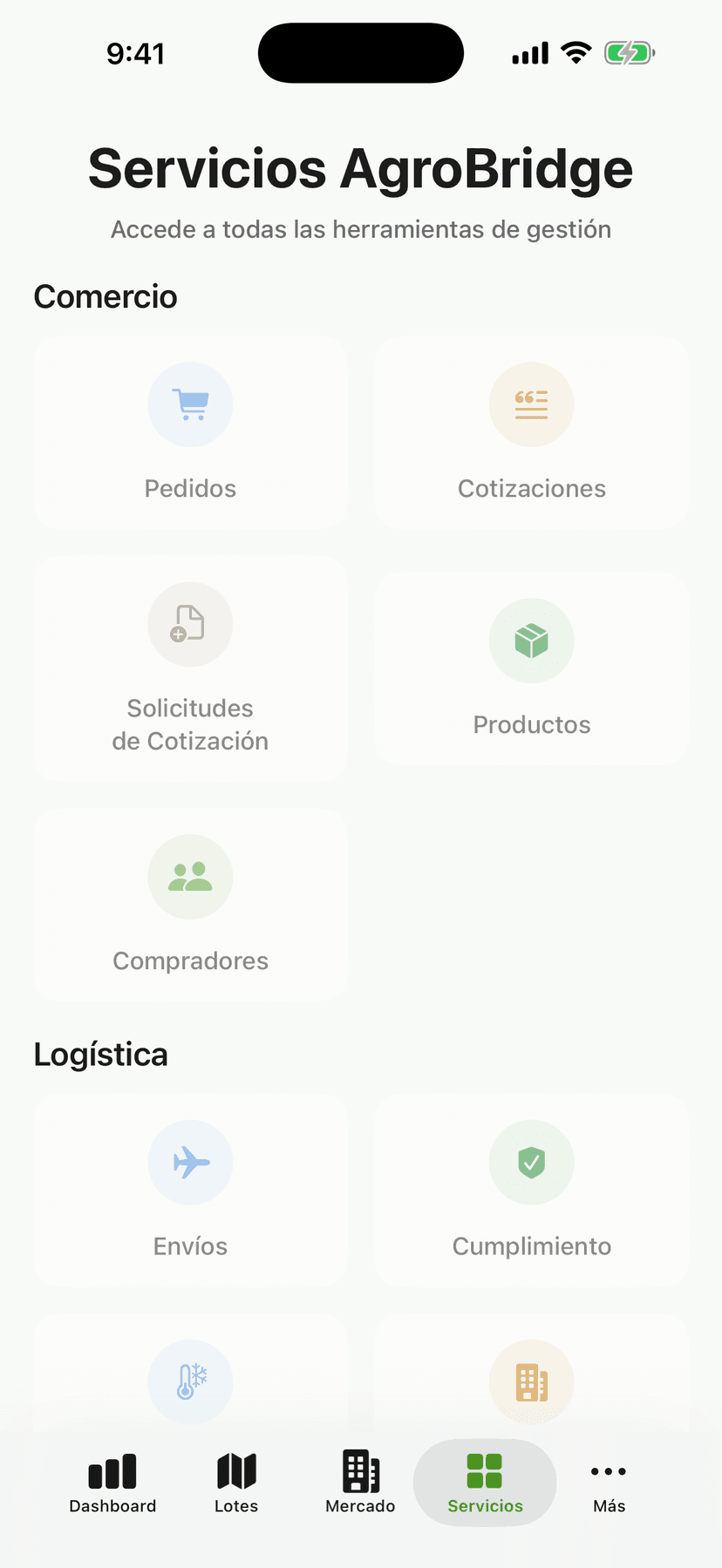 Pantalla de la app AgroBridge: servicios de documentación de exportación