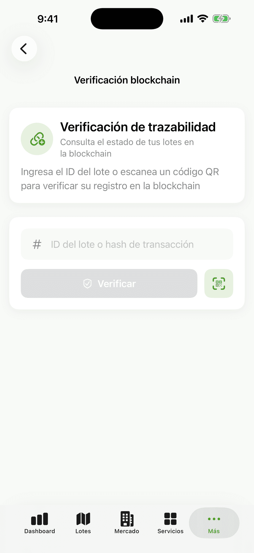 Pantalla de la app AgroBridge: verificación de trazabilidad por código QR